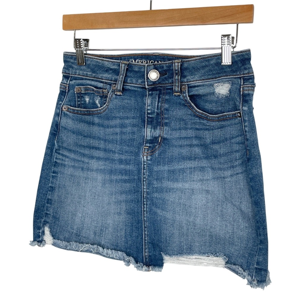 American Eagle Super Stretch X Denim Micro Mini Skirt Size 4 Blue Raw Hem Frayed - Picture 2 of 9